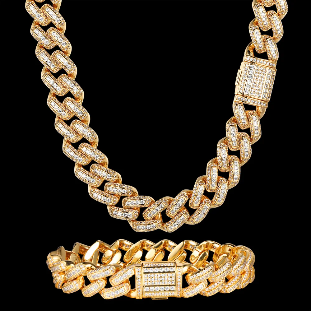 

100% Zircon CZ Hip Hop Miami Cuban Link Chain 14mm Baguette Bracelet Men Rhombus Necklace Iced Out Bling Bling Rapper Jeweley