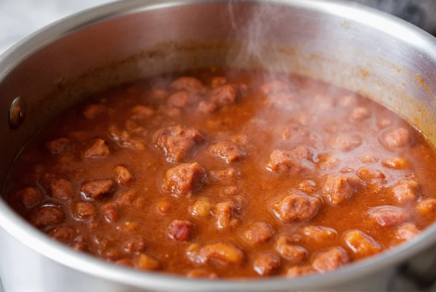 Gros plan sur un chili Instant Pot parfaitement cuit avec de la vapeur s'élevant, montrant des morceaux de viande tendres et une couleur rouge riche dans une casserole en acier inoxydable