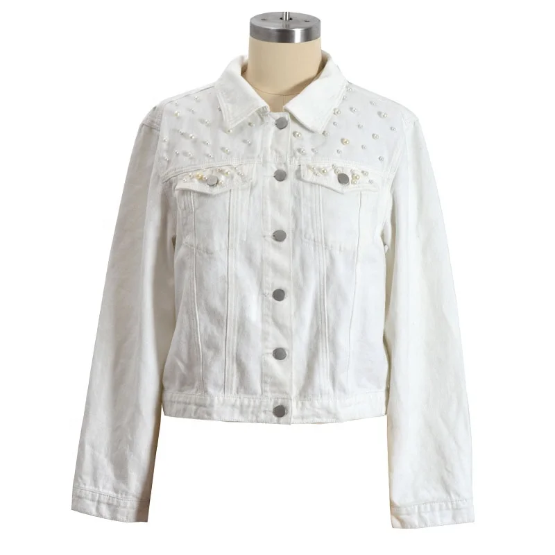 

Fashionable hot-selling style women's coat personality pearl decorated white women's denim jacket/women jackets