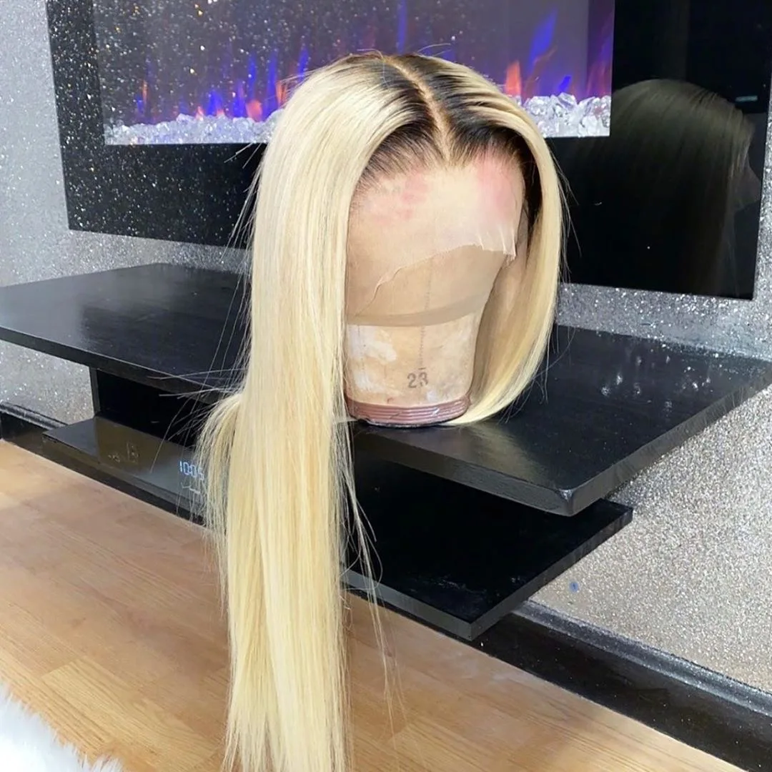 

Blonde Human Hair Lace Front Wig Ombre Colo Blonde#613 With Black Dark Root,100% Virgin Hair Ombre wig