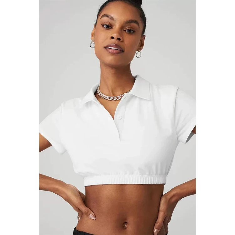 

Custom new design turn-down collar short sleeve crop tops for women causal organic cotton women crop top shirt