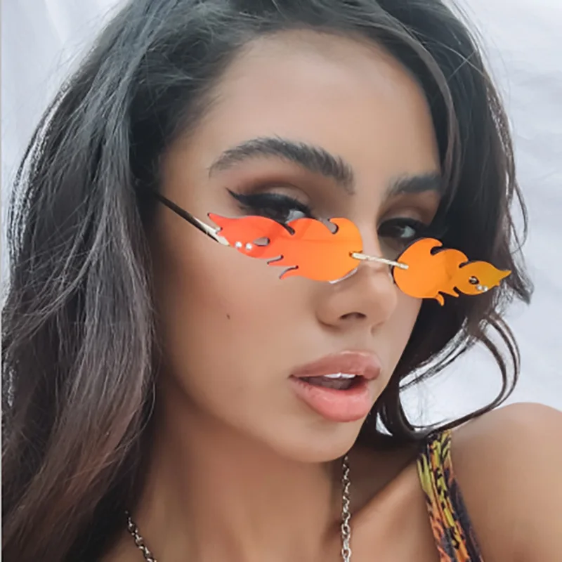 

Cheap New Women Glasses Fire Wave Flame Rimless Vintage New Sunglasses 2021