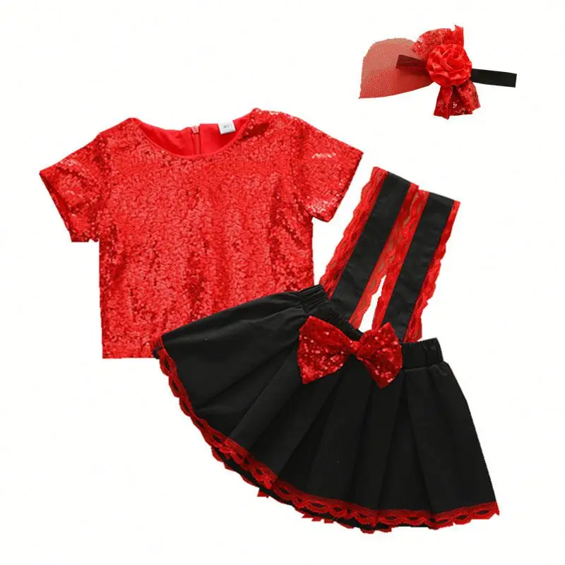 

839 Summer Toddler Kids Baby Girls clothes set Sequined T-Shirt Tops+Overall Suspender Skirt Outfits Clothing set, Picture shows