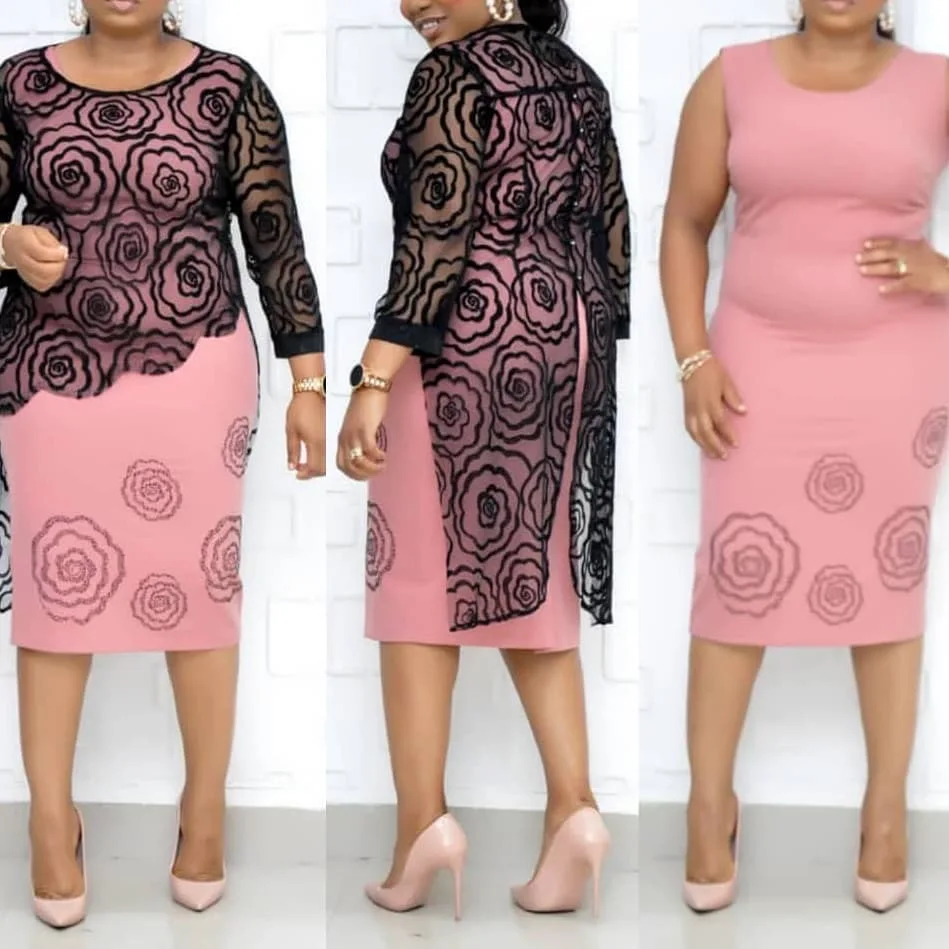 

Plus Size Loose Long Two Pieces Dress Set Suits Women Lace Embroidered Dress 2 PCS