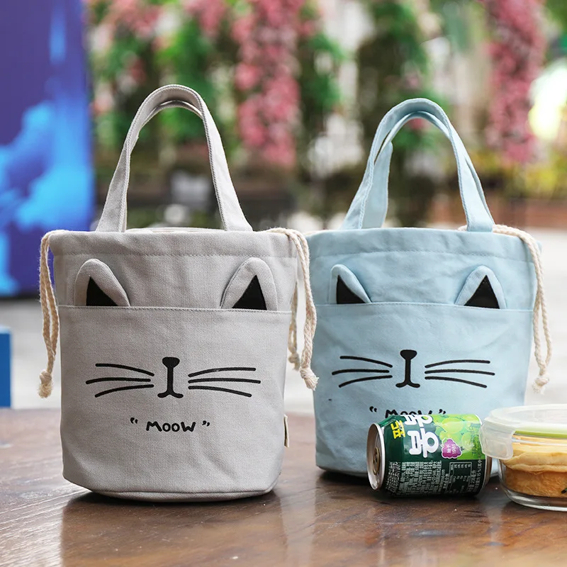 

Lovely Bucket-Shaped Handbag Female Print Canvas Drawstring Lunch Box Bag