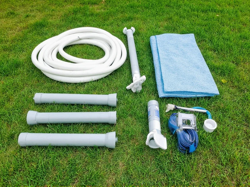DIY swimming pool kit components laid out on grass