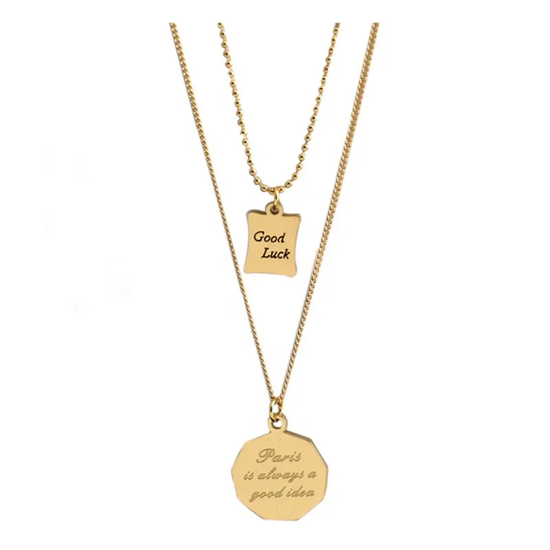 

best selling customized round disc IP gold plated 2 layer jewelry 316l stainless steel personalized letter tags pendant necklace, Pvd gold plating