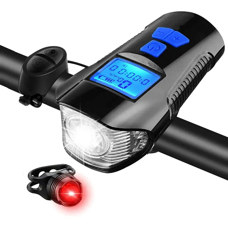 

Powerful High Lumens Waterproof 5 Modes 3 In 1 Led USB Rechargeable Front Tail Bicycle Bike Light Set With Horn And Speedometer, Black
