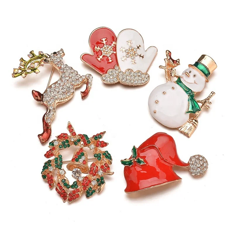 

Christmas Brooch Pins Inlay Rhinestone Deer Christmas Santa Claus Snowman Hat Brooches For Women Jewelry