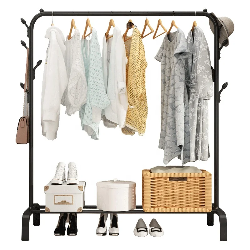 

Clothes rack floor coat rack bedroom drying rack simple clothes rod folding, Black