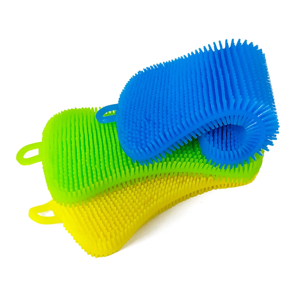 

Silicone Sponge Dish Scrubber Kitchen Brush 3 PIECES 11*6.5*1.3CM Useful SIX Colors Permanently Silicone Kitchen Dish Scrubber, Blue yellow green red pink orange color