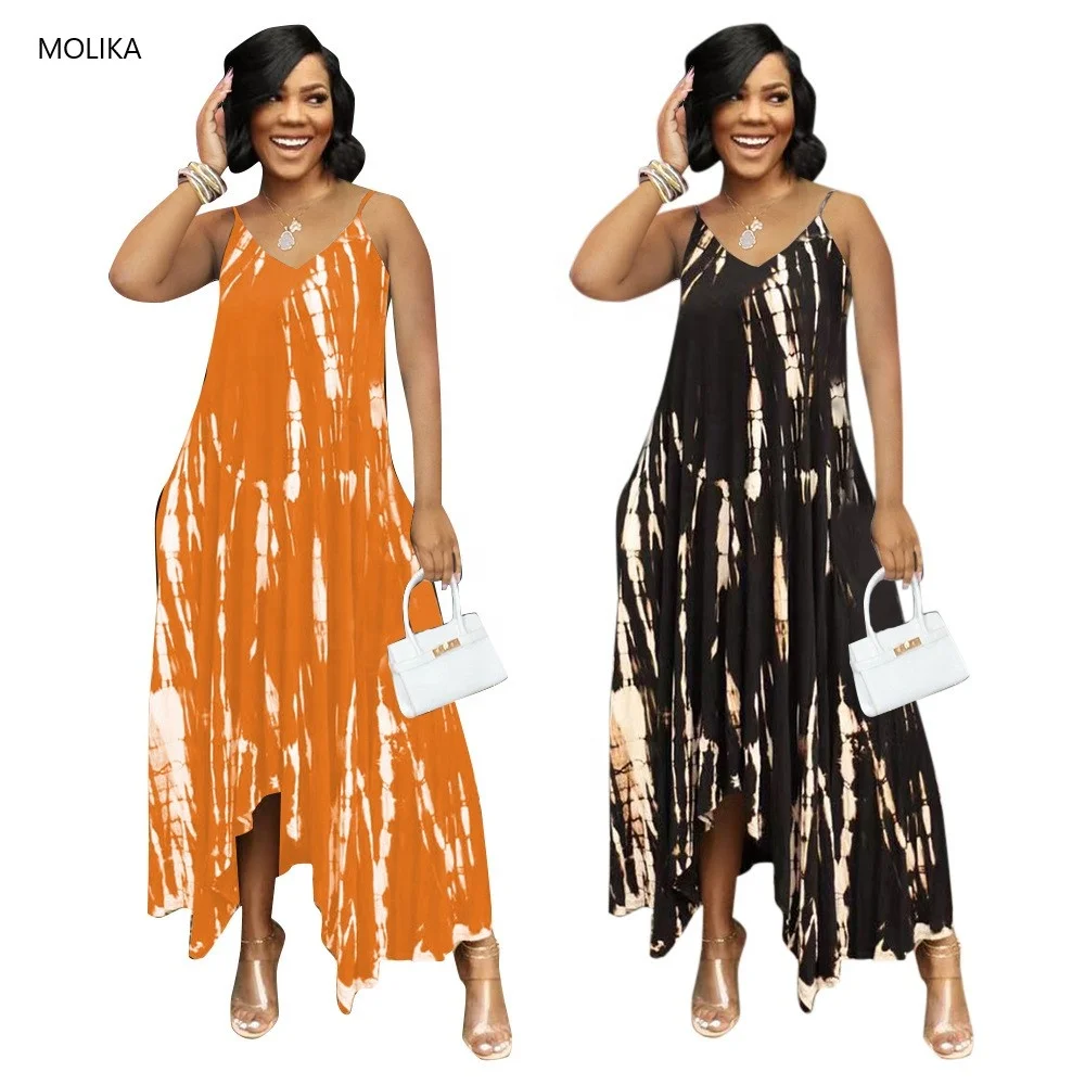 

2707 New Style Summer Casual Dress Print Plus Size Loose Sling Long Maxi Dress Women