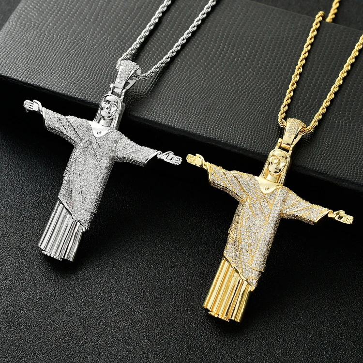 

High Quality Hip Hop Mens Diamond Gold Cross Jesus Christ Pendant Necklace
