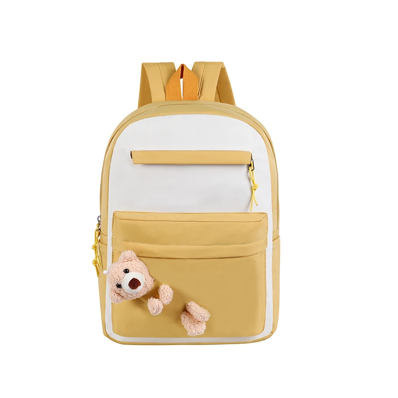 

2021 New cute student backpack fashion casual school bag with bear decoration, Yellow+green+pink+black+blue