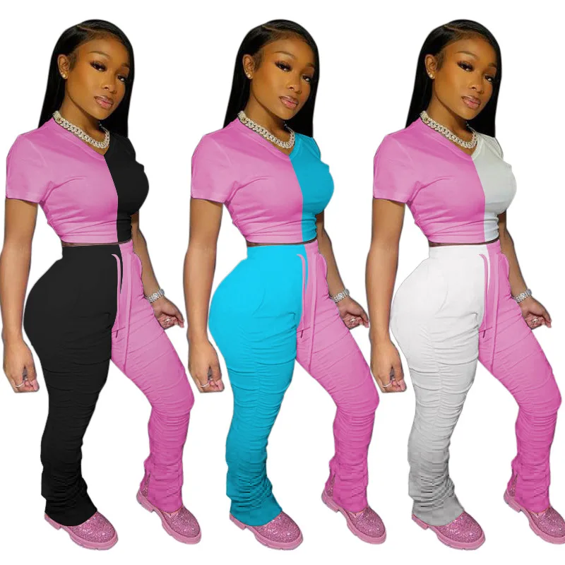 

Patchwork Women Ruched Pants 2 Piece Set Women Stacked Pants Two Pieces Set Clothing