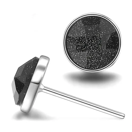 Simple Round Earrings 925 Sterling Silver Stud Earring for Women with Black Stone Fashion Jewelry