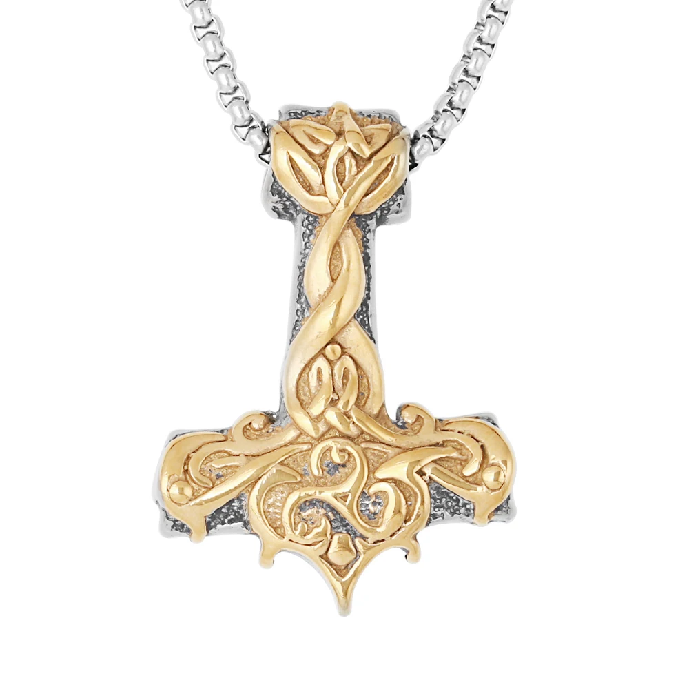 

3D Design Norse Viking Stainless Steel Gold Plated Mjolnir Amulet Thor's Hammer Pendant Necklace