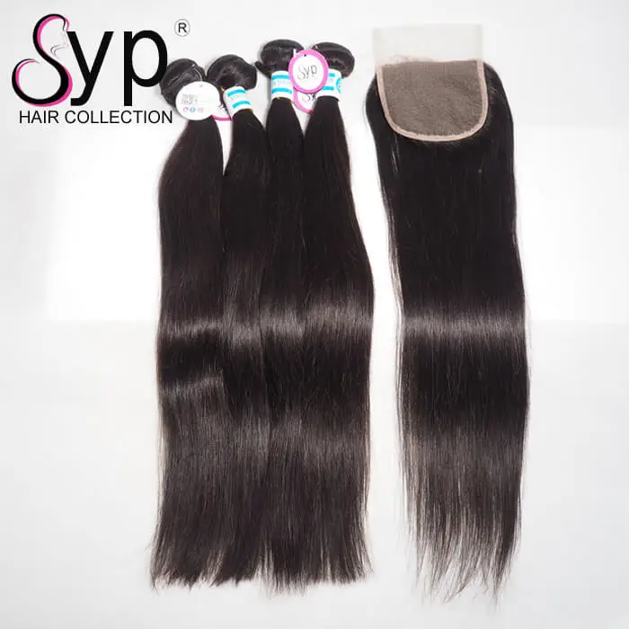 

100 Percent Cuticle Aligned Raw Virgin Hair Unprocessed Bundles Deals With Closure 4x4 Straight Silk