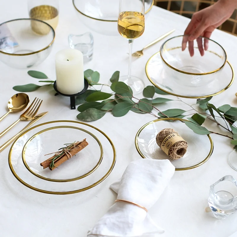 

Wholesale Stock clear glass Charger Plate bowl set with gold rim