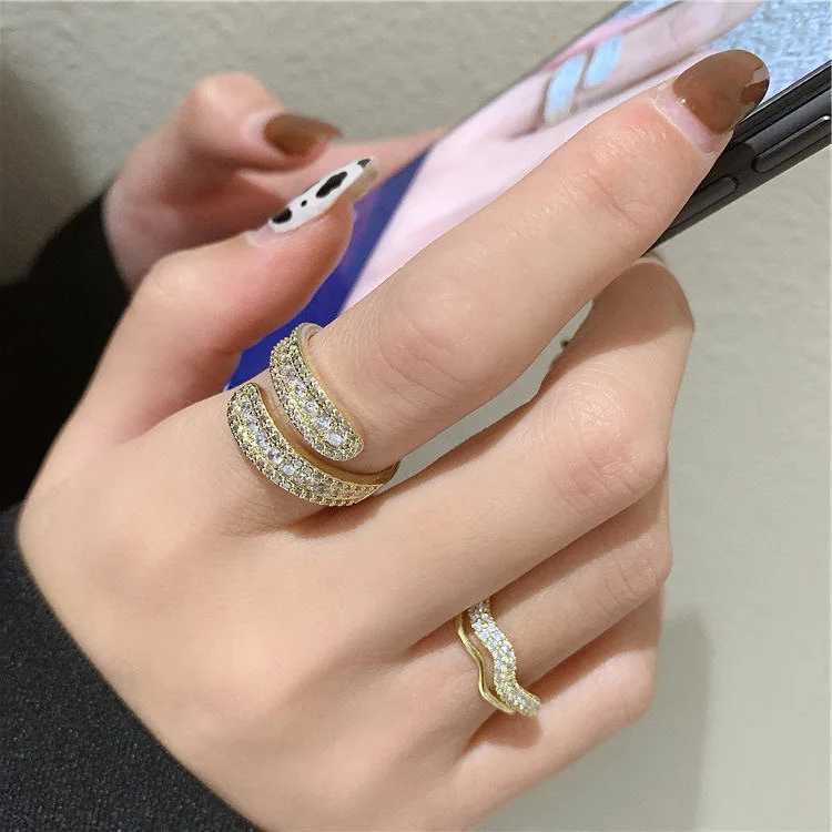 

2 Designs Layered Wave Shape Irregular Rings Rhinestone Geometric Rings for Women Minimalist Open Stacking Ring  2021, Gold