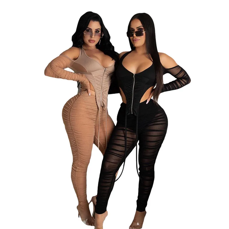 

Latest Fashion Mesh Shoulder Stacked Pants Women Two Piece Set