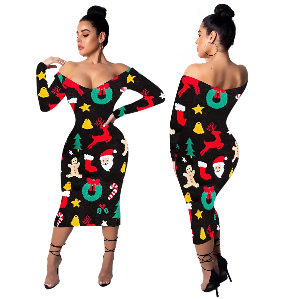 

FM-3146 Hot Sell Off Shoulder Printed Christmas Boutique Girls Outfits Party Women Designer Maxi Casual Women Dresses, As pic