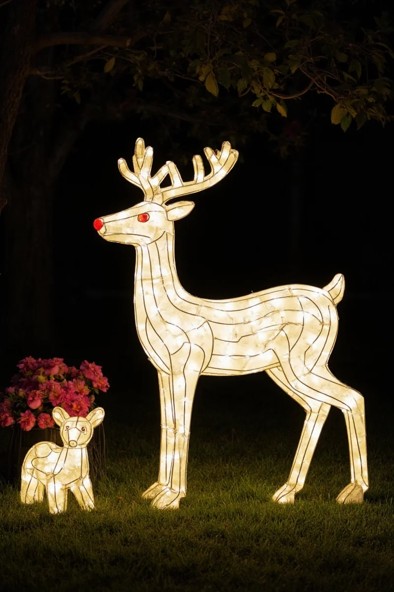 Outdoor light-up deer decoration glowing softly next to a dog-friendly garden path, surrounded by pet-safe plants.