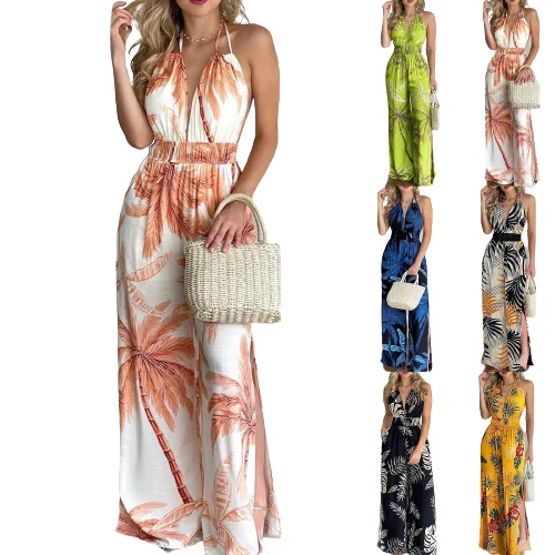 

Plus Size Loose Women Summer Sexy Floral Print Jumpsuits Boho Sleeveless Backless Long Overalls Jumpsuit 2021, As show