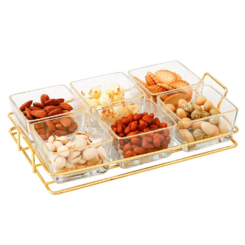 

Nordic Luxury Gold Edge Glass Snacks Plates Fruit Snack Plate Food Cake Divided Plate Metal Dish Tray