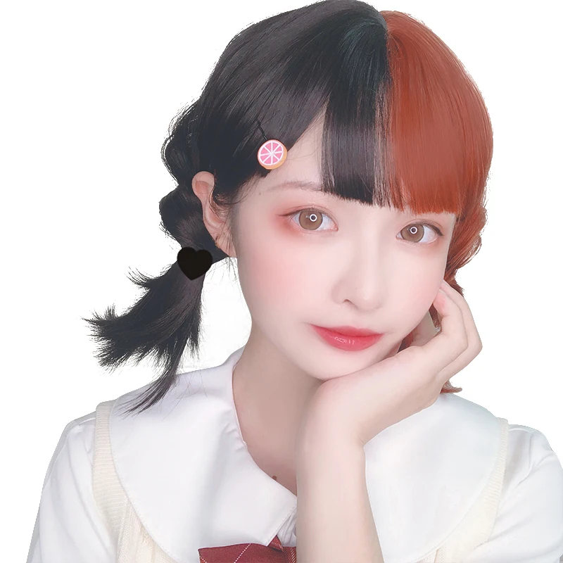 

Long Straight Hair Lolita Sweet Cute Natural Fashion Orange and Black Two-color Wig JK Girls Cosplay Party Wig, Pic showed