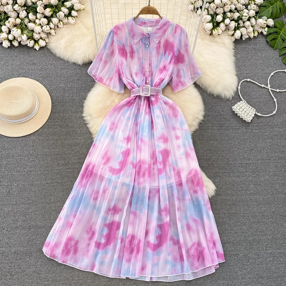 

Temperament short sleeved lapel with waistband and slim A-line tie dye printed shirt dress elegant long skirt