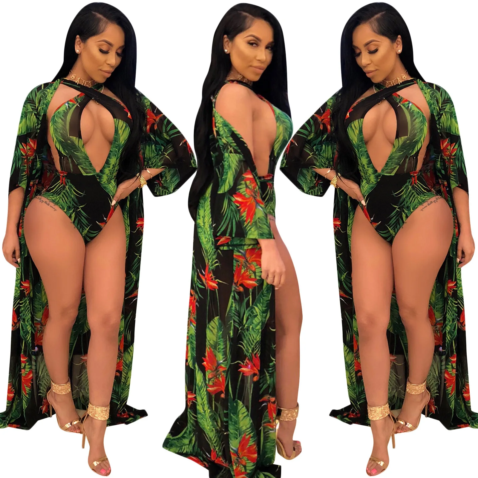 

Hot selling wholesale sexy print deep V beach one piece women's swimsuit, Green/blue