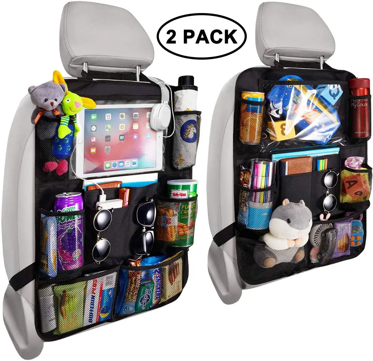 

Car Organizer Kick Mats back seat storage bag with Clear Screen Tablet Holder and 9 Storage Pockets, Black