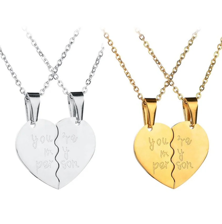 

Fashion Jewelry Stainless Steel Heart Jewelry 18k Gold Broken Heart Pendant Necklace Custom Engraving Message Couple Necklace