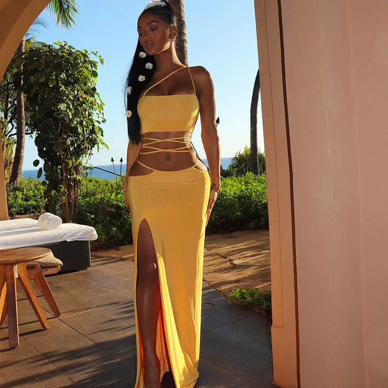 

2021 Spring Solid Color Sleeveless Lace-up High Waist Slit Irregular Sexy Dress Suit Women, As picture or customized make