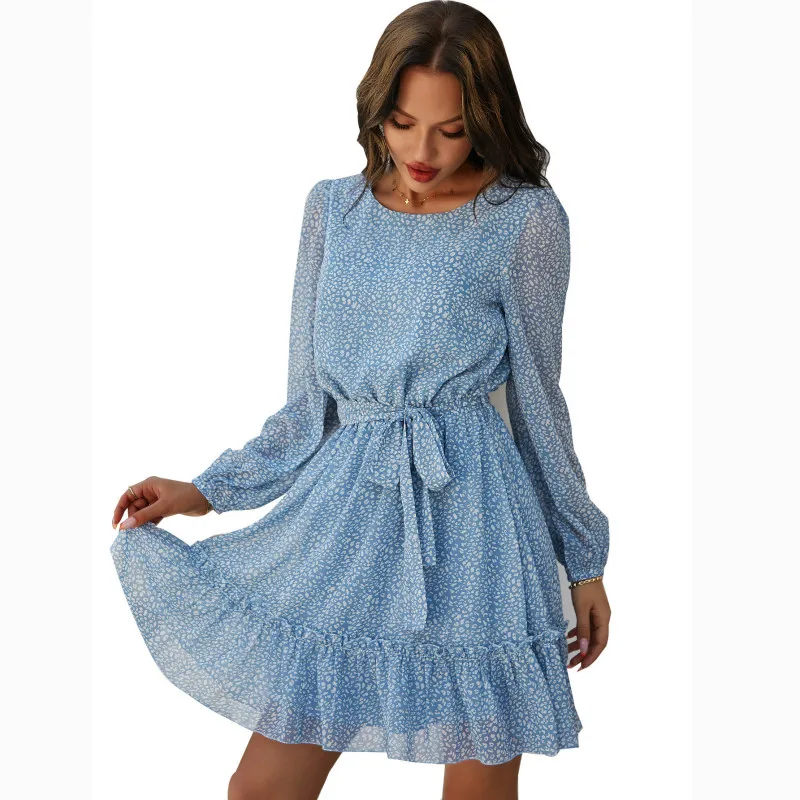 

Boho Printed Long Sleeve O Neck Ruffle Spring Autumn Sashes Elegant Women Chiffon Dress