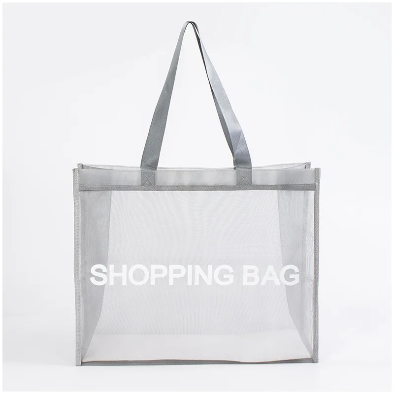 

Wholesale Portable Letter Print Breathable Transparent Beach Bag Supermarket Mall Nylon Mesh Shopping Bag, Gray or oem