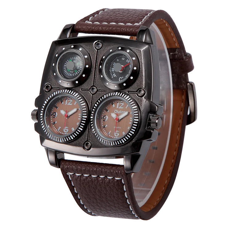 

Oulm 1140 luxury Brown man quartz watch activity PU leather band 2 time zone compass thermometer personality watch company