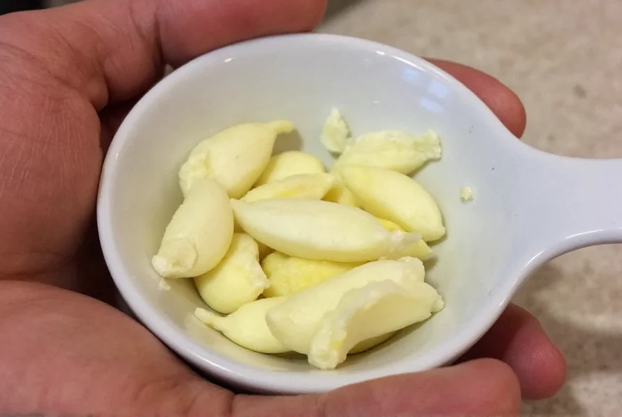 Visual comparison of whole garlic cloves next to measured teaspoons of minced garlic