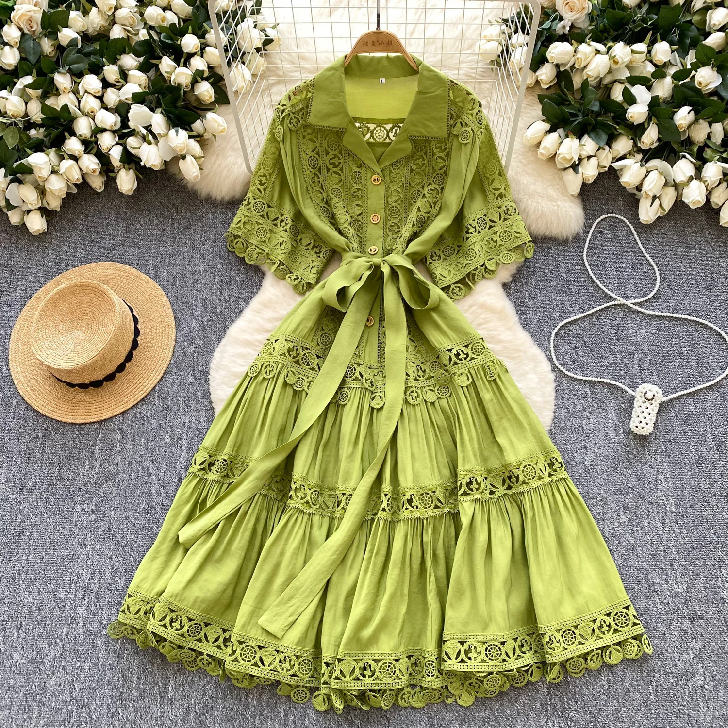 Short Sleeve Panel Tie Waist Dress Notched Collar