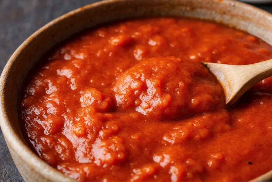 Close-up of traditional Korean gochujang in ceramic bowl with wooden spoon, showing thick texture and deep red color