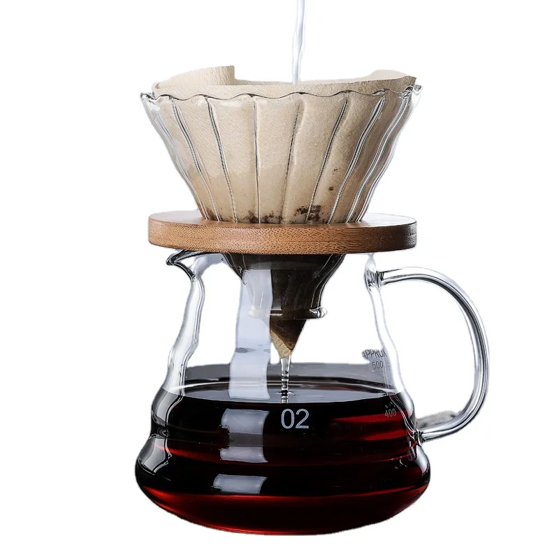 

Hot sale V60 drip limited hot coffee dripper style server kettle glass coffee pot/teapot set with filter and wooden holder, Transparent