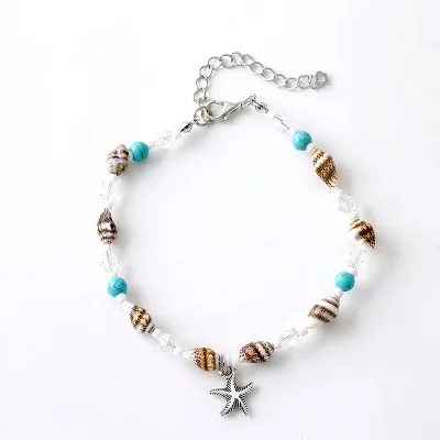 

Hot Selling Ethnic Style Single Layer Turquoise Beads Tennis Chain Anklet Starfish Conch Ankle Bracelet for Women