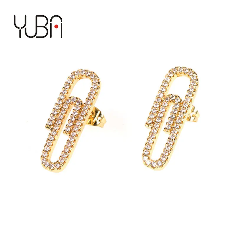 

Simple Korean Cool Wind Retro Shiny CZ Paper Clip Earrings Women Gold Filled Charm Rhinestone Crystal Safety Pin Earrings