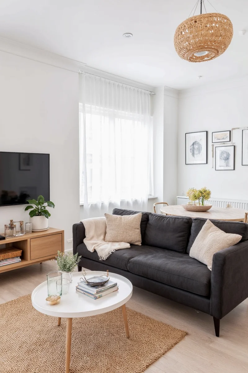 Smart storage bench and unit in a compact flat living room