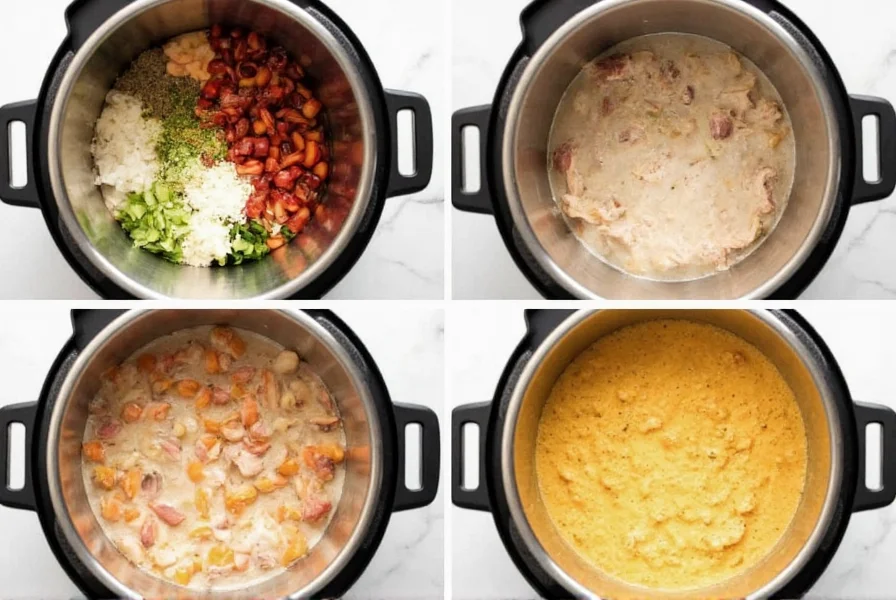 Step-by-step white chicken chili preparation in Instant Pot showing ingredients, cooking process, and final serving