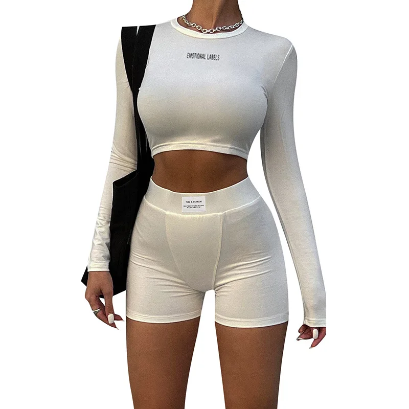 

cropped long sleeve top women two piece sets biker shorts summer outfits women's fashion clothing