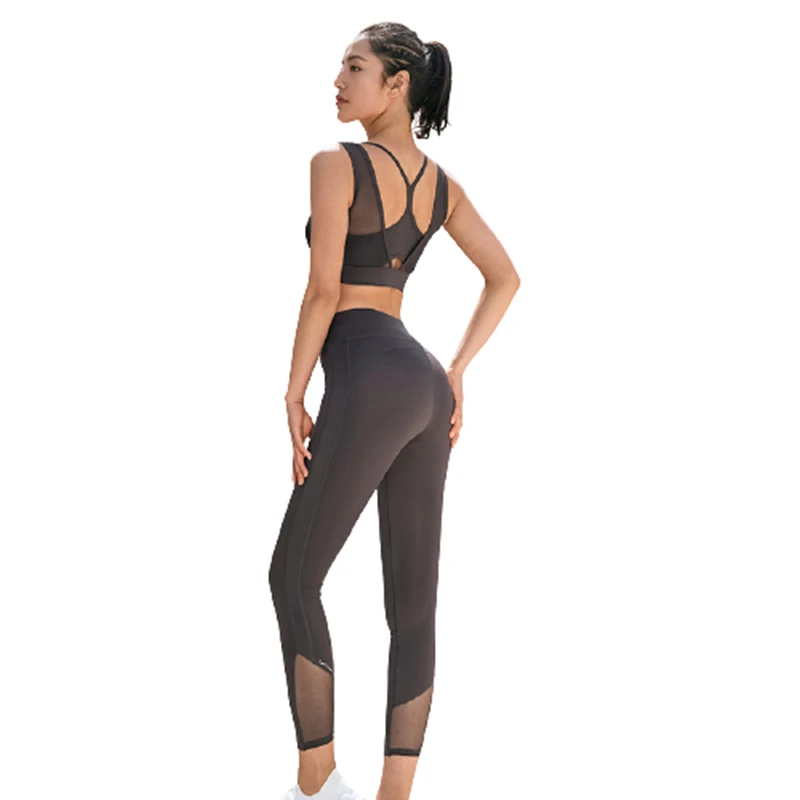 

High quality mesh 2 piece new elastic ladies plus size breathable yoga outfits active wear set, 3 color