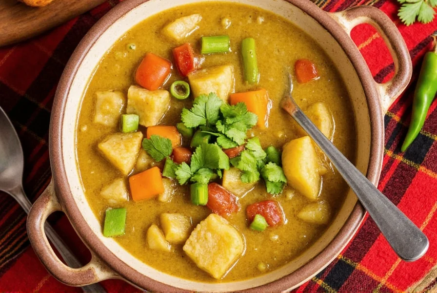 Green chile stew served in a ceramic bowl with tortillas