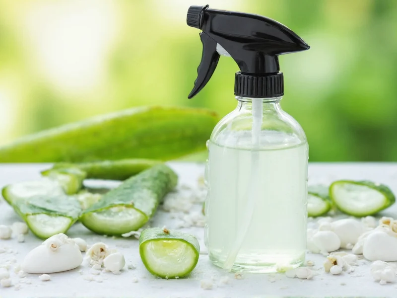 Homemade leave-in conditioner in glass spray bottle with fresh aloe